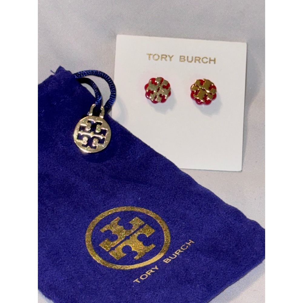 Tory Burch Miller Stud Earrings Red Gold Logo Floral Scalloped NWOT